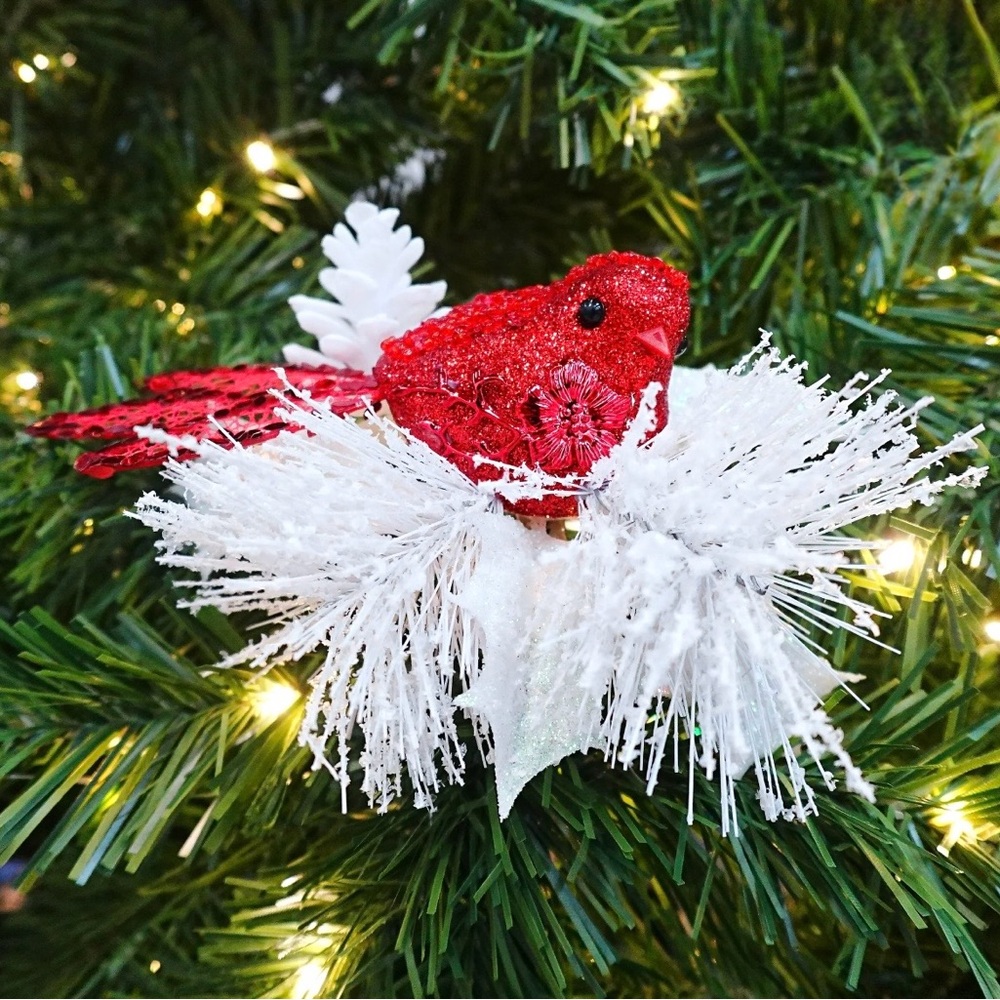 Holiday Time Red Bird On White Pinecone & Holly Leaves Clipon Christmas Ornament